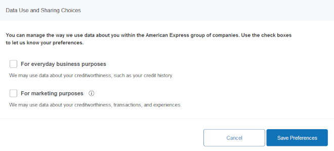 A web form that has two checkboxes. One checkbox toggles whether the user wants their
        data to be shared for everyday business purposes. The other checkbox toggles data sharing
        for marketing purposes.